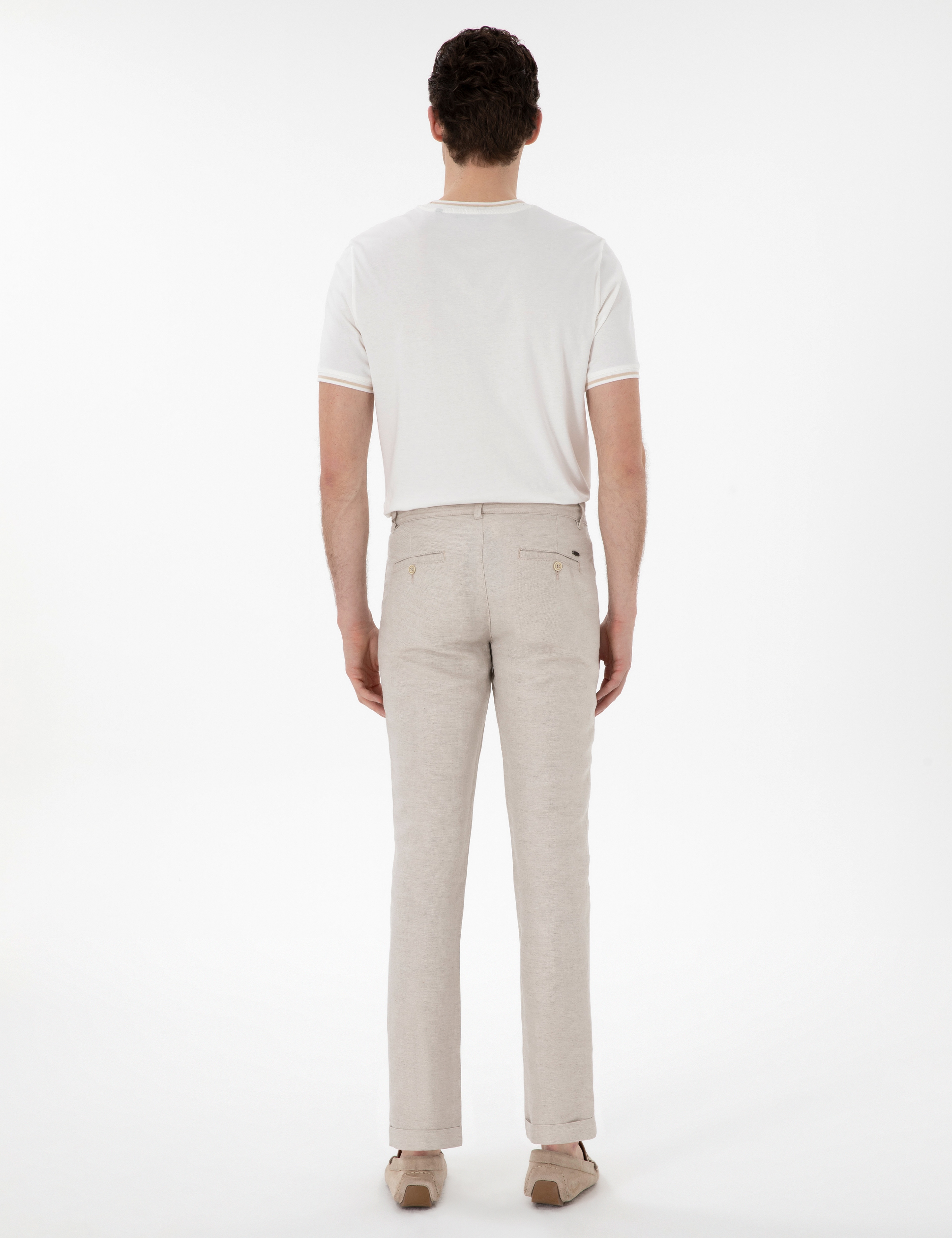 Bej Keten Karışımlı Slim Fit Kanvas Pantolon - Image 4