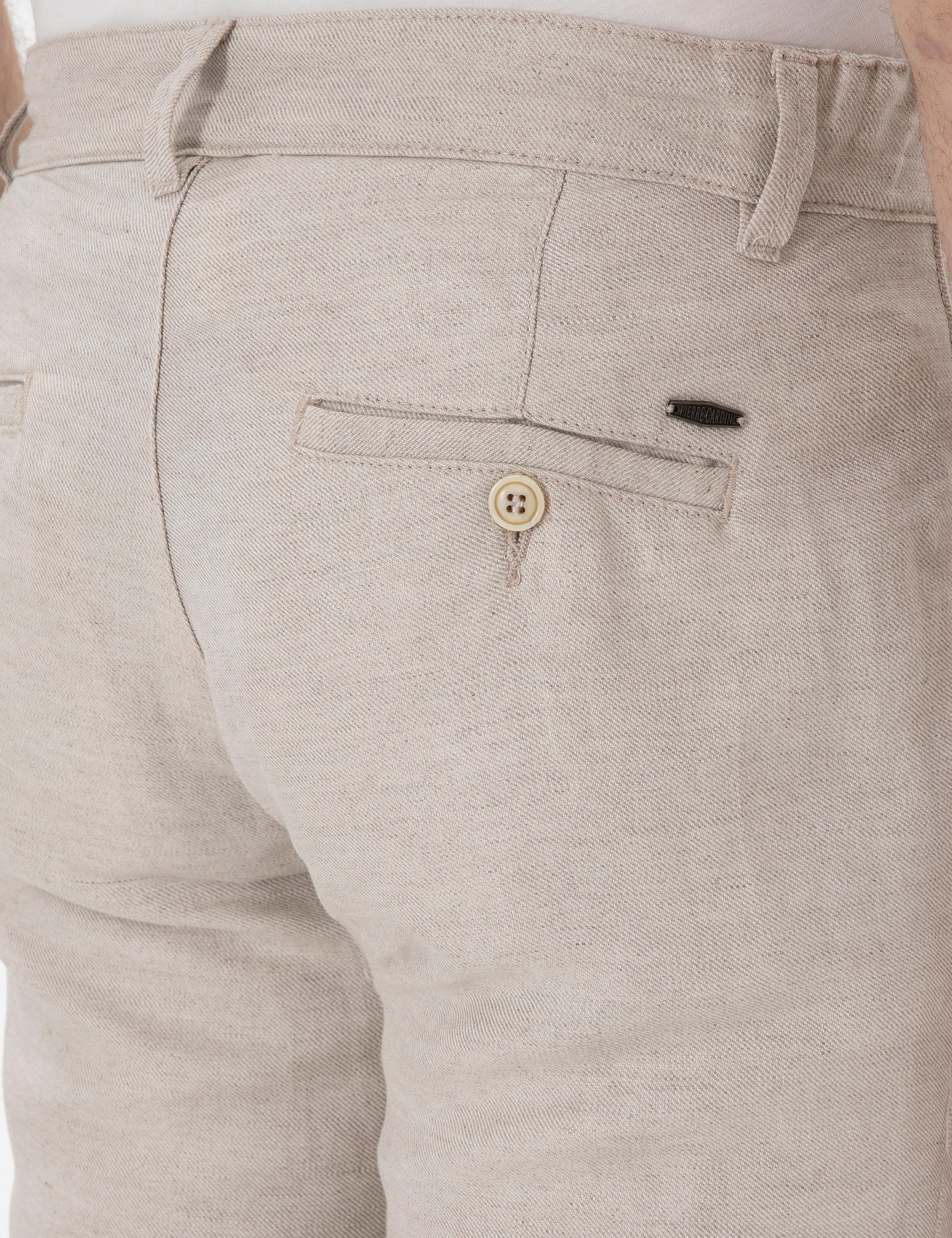 Bej Keten Karışımlı Slim Fit Kanvas Pantolon