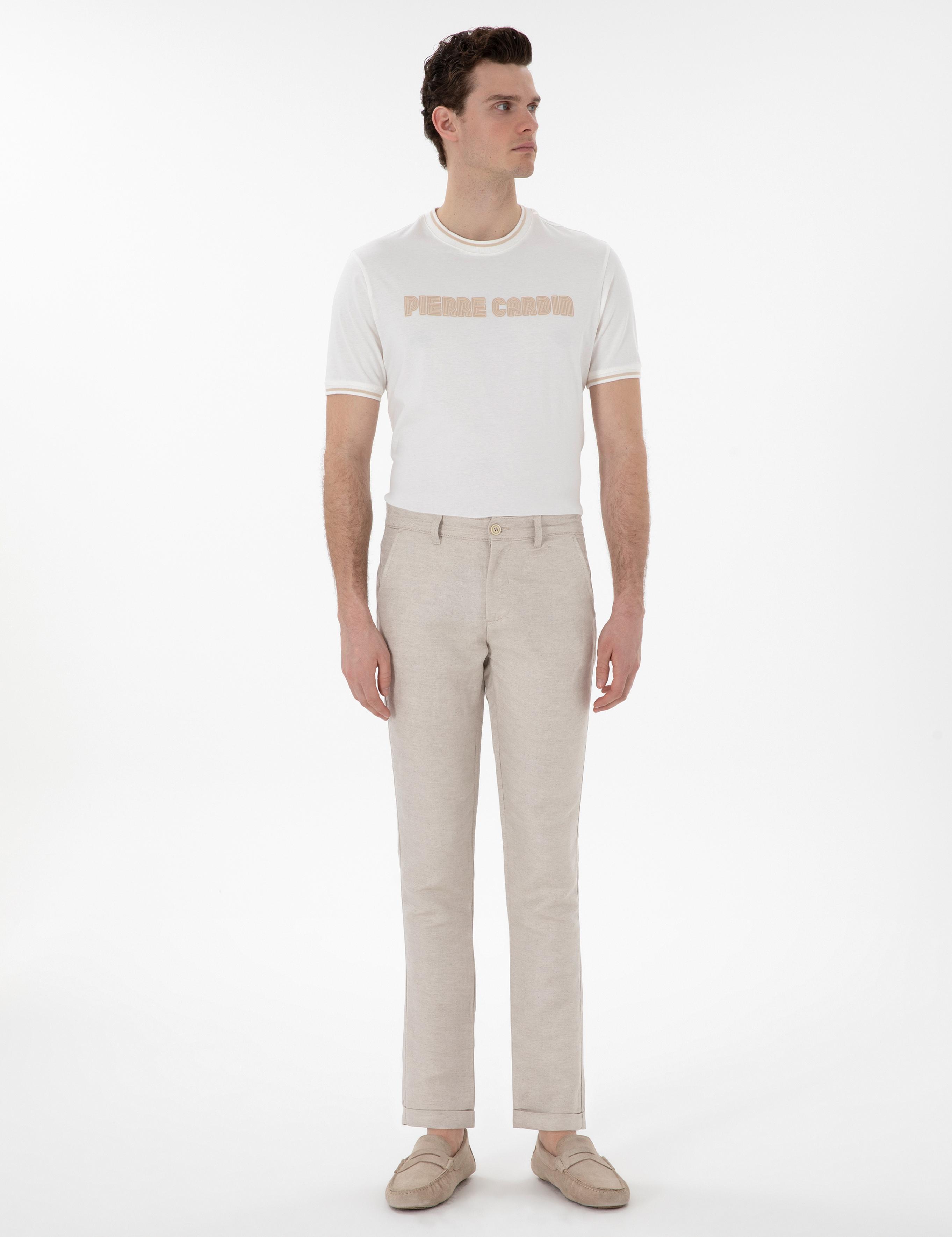 Bej Keten Karışımlı Slim Fit Kanvas Pantolon