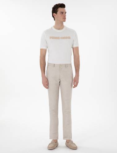 Bej Keten Karışımlı Slim Fit Kanvas Pantolon