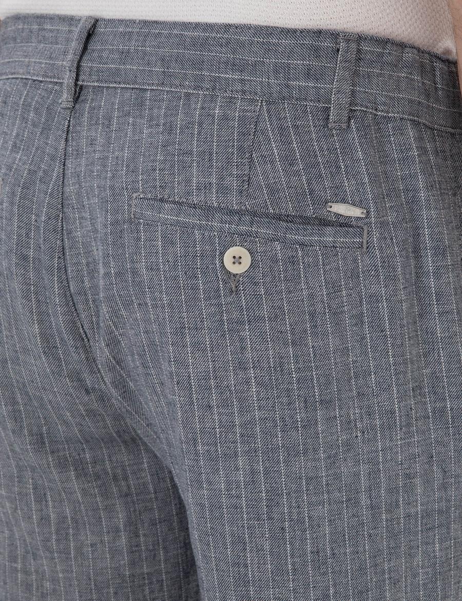 Lacivert Slim Fit Keten Karışımlı Çizgili Kanvas Pantolon