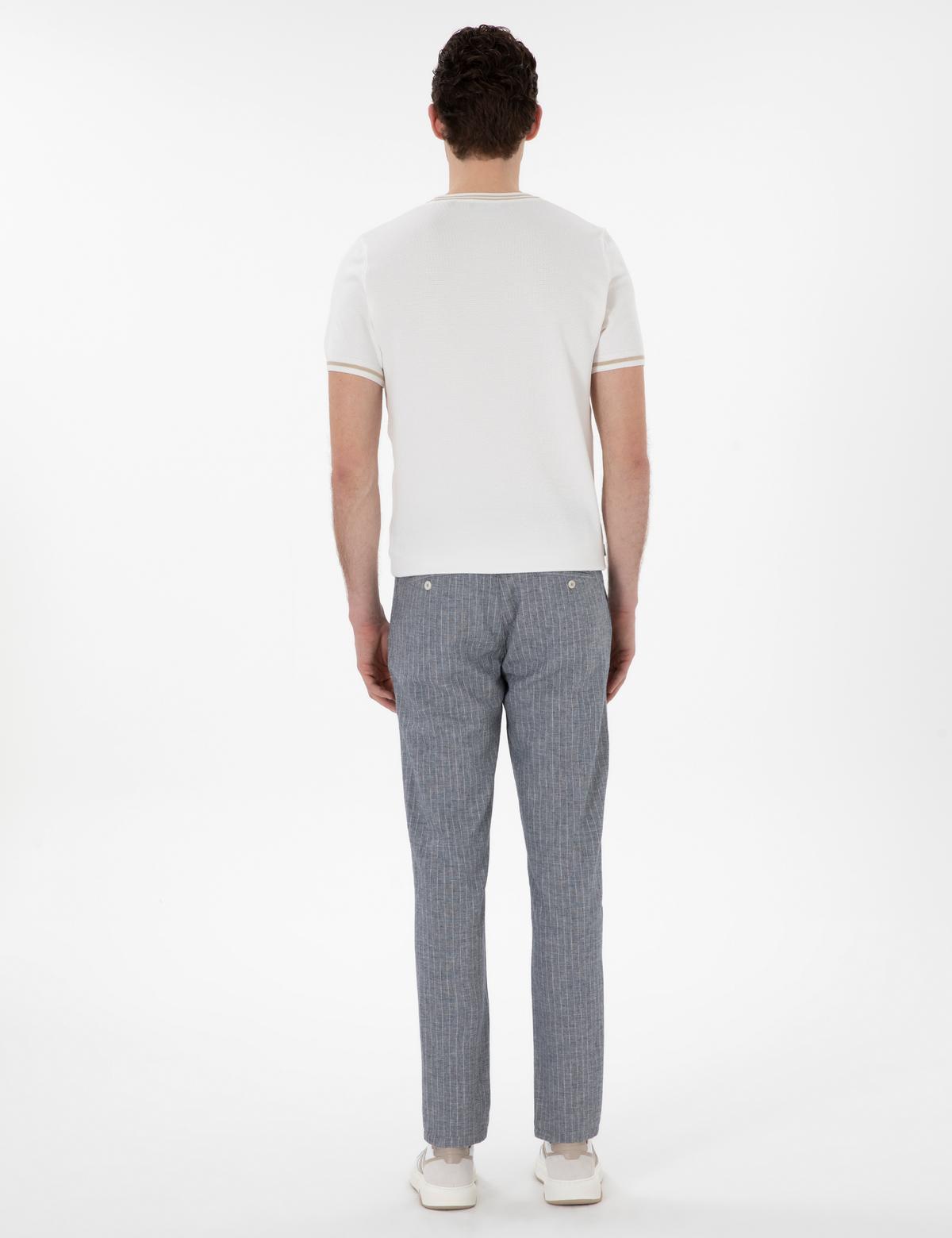 Lacivert Slim Fit Keten Karışımlı Çizgili Kanvas Pantolon - 50301778096