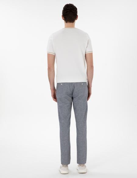 Lacivert Slim Fit Keten Karışımlı Çizgili Kanvas Pantolon - 50301778096