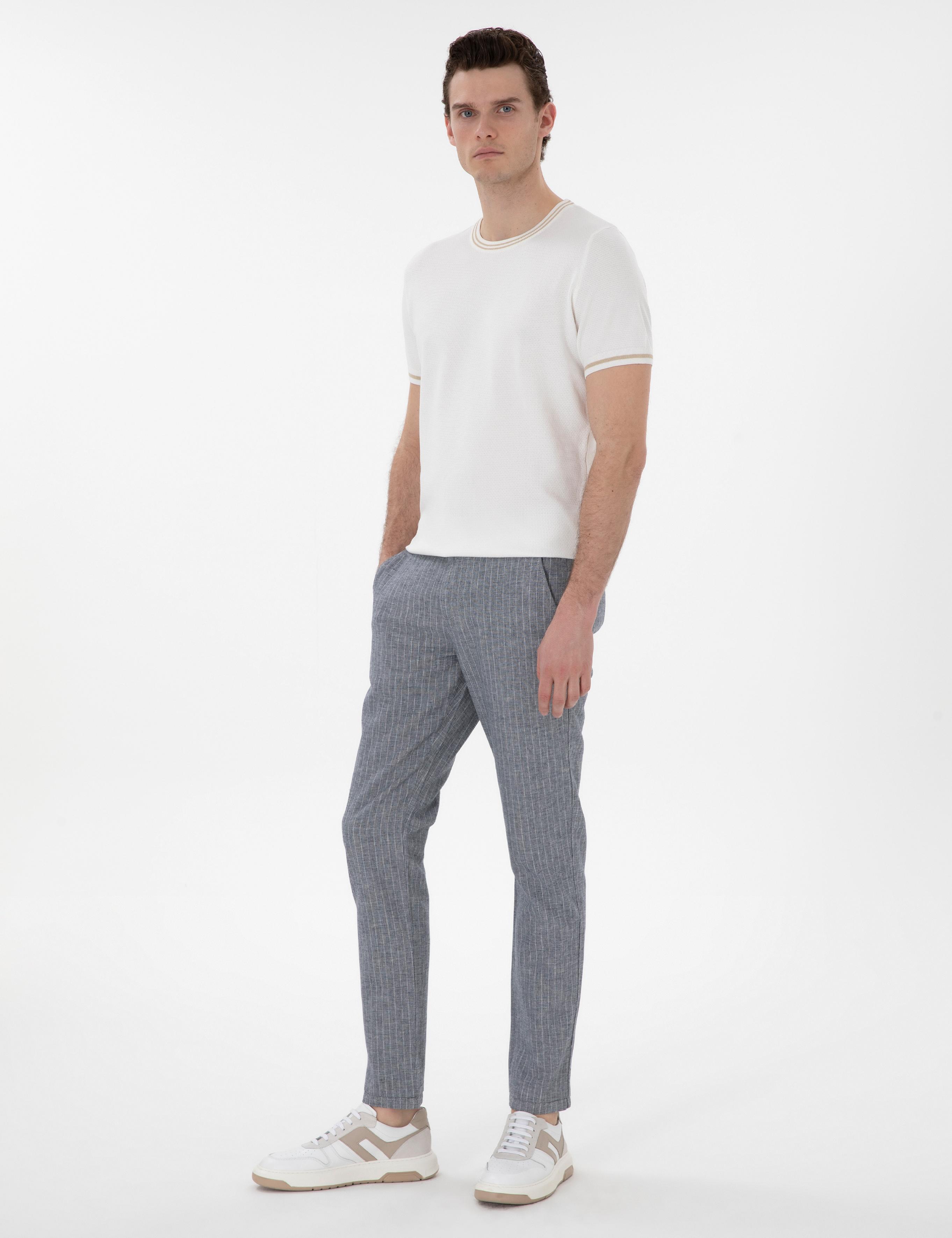 Lacivert Slim Fit Keten Karışımlı Çizgili Kanvas Pantolon