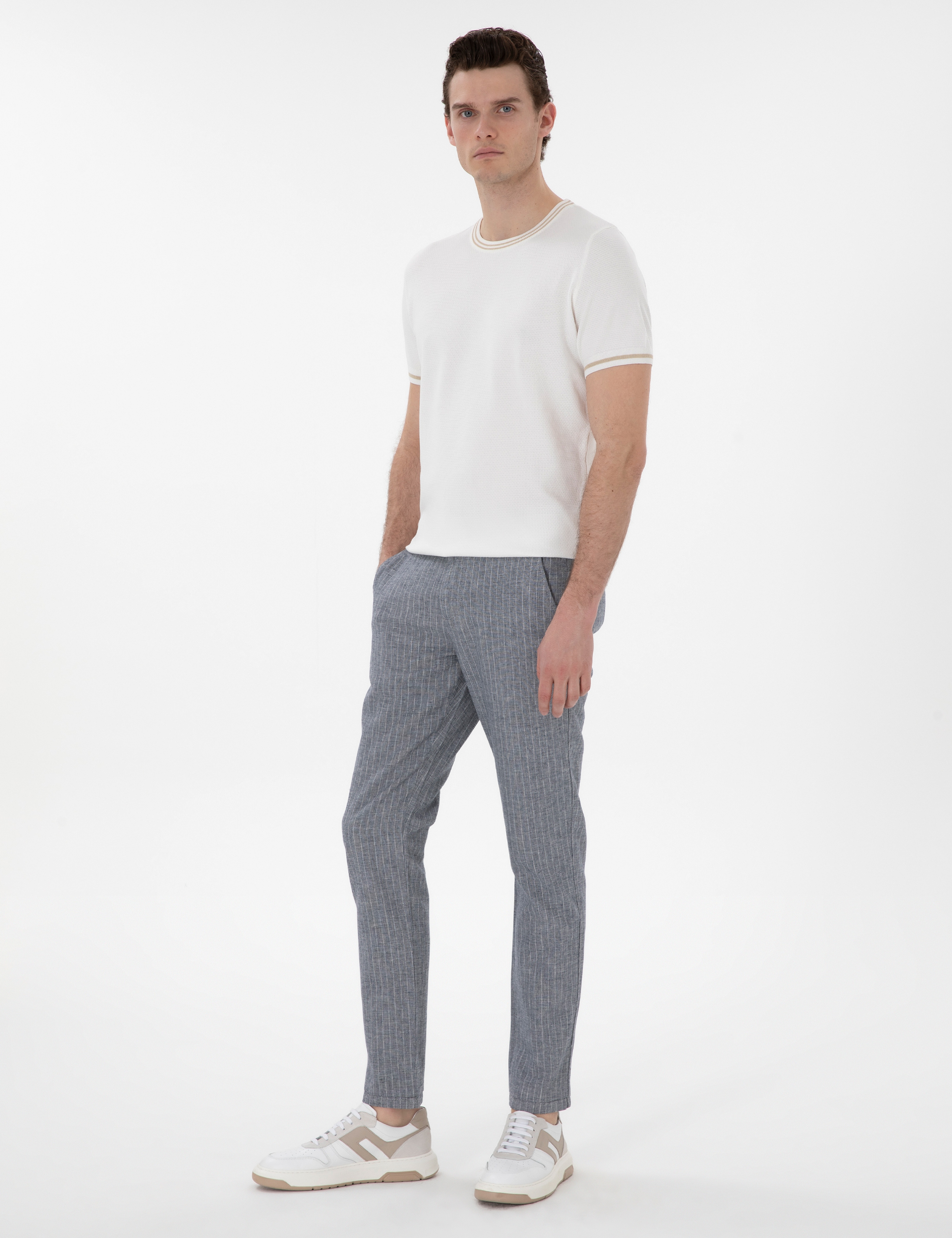 Lacivert Slim Fit Keten Karışımlı Çizgili Kanvas Pantolon - Image 3