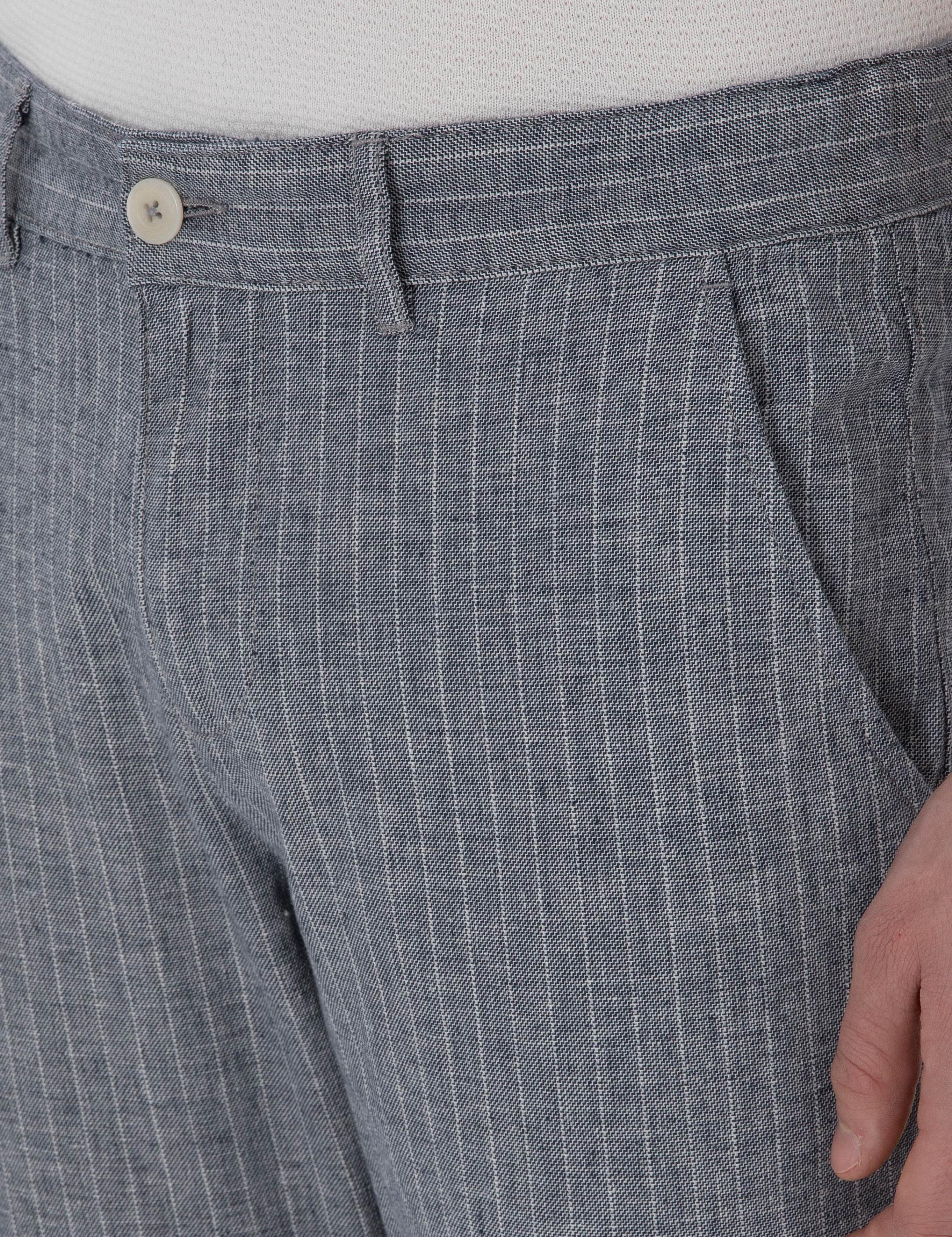 Lacivert Slim Fit Keten Karışımlı Çizgili Kanvas Pantolon