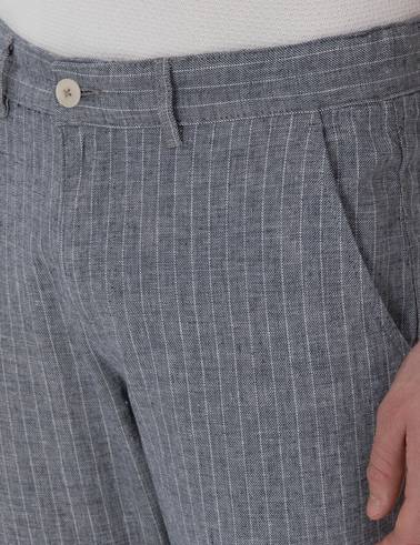 Lacivert Slim Fit Keten Karışımlı Çizgili Kanvas Pantolon