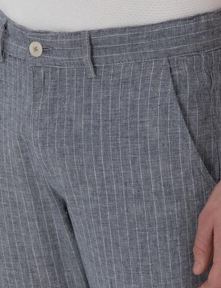 Lacivert Slim Fit Keten Karışımlı Çizgili Kanvas Pantolon - 50301778096