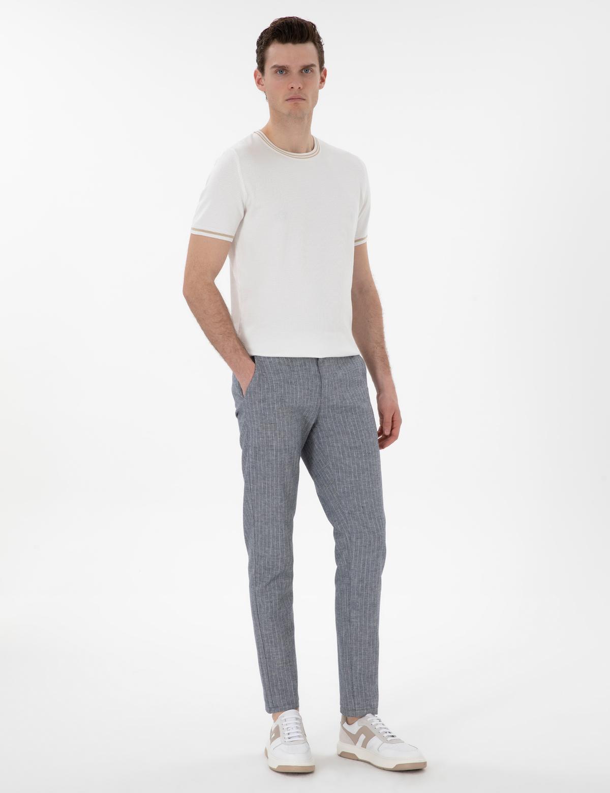 Lacivert Slim Fit Keten Karışımlı Çizgili Kanvas Pantolon