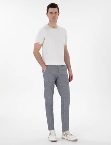 Lacivert Slim Fit Keten Karışımlı Çizgili Kanvas Pantolon