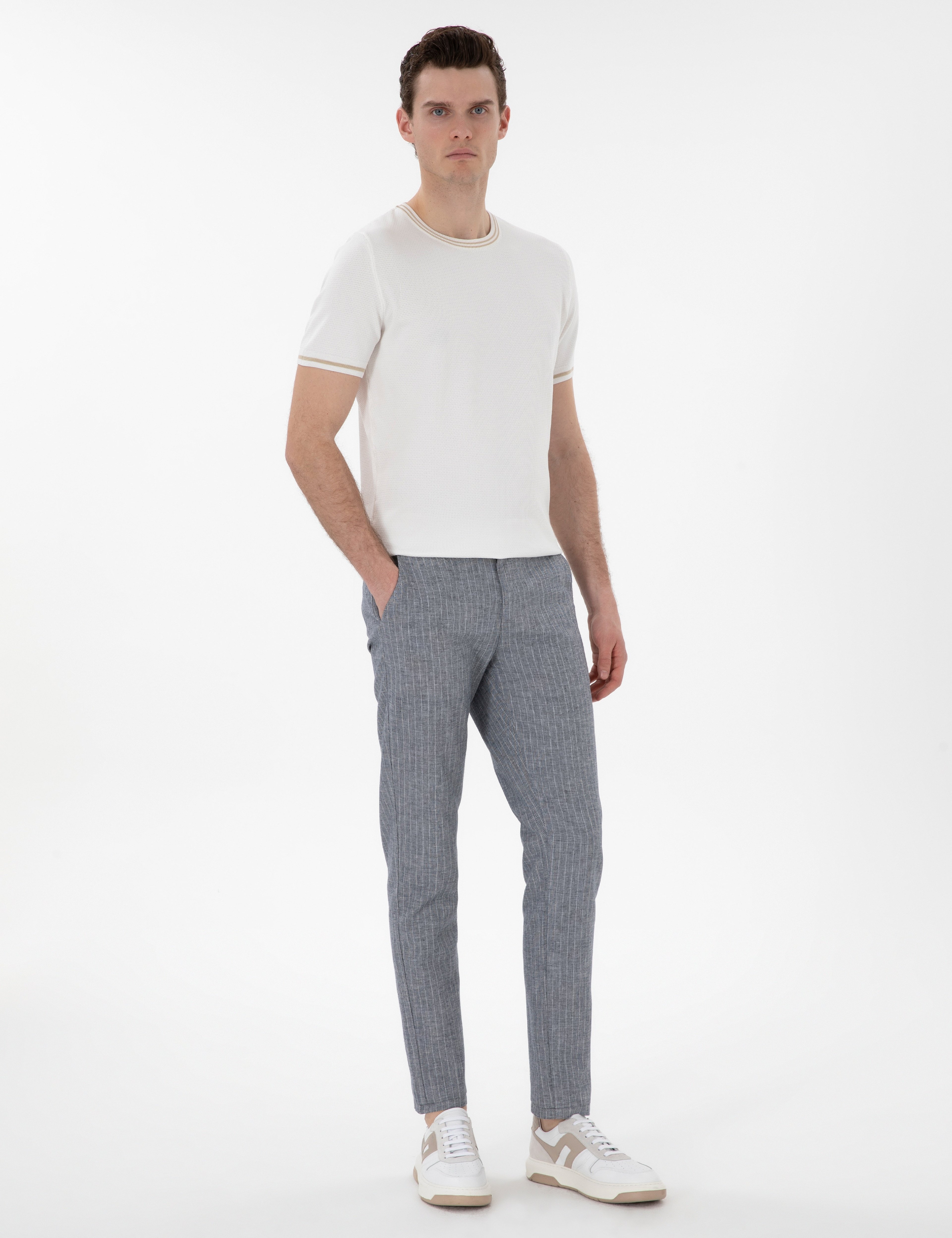 Lacivert Slim Fit Keten Karışımlı Çizgili Kanvas Pantolon