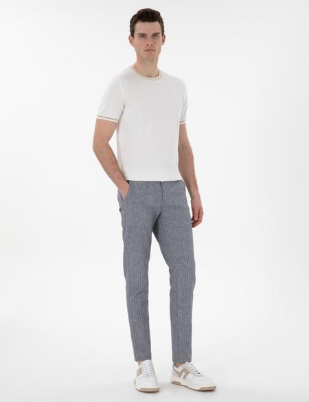 Lacivert Slim Fit Keten Karışımlı Çizgili Kanvas Pantolon - 50301778096