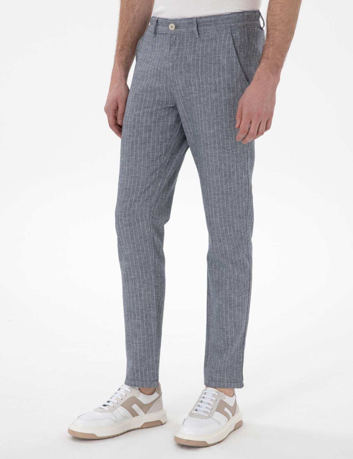 Lacivert Slim Fit Keten Karışımlı Çizgili Kanvas Pantolon - 50301778096