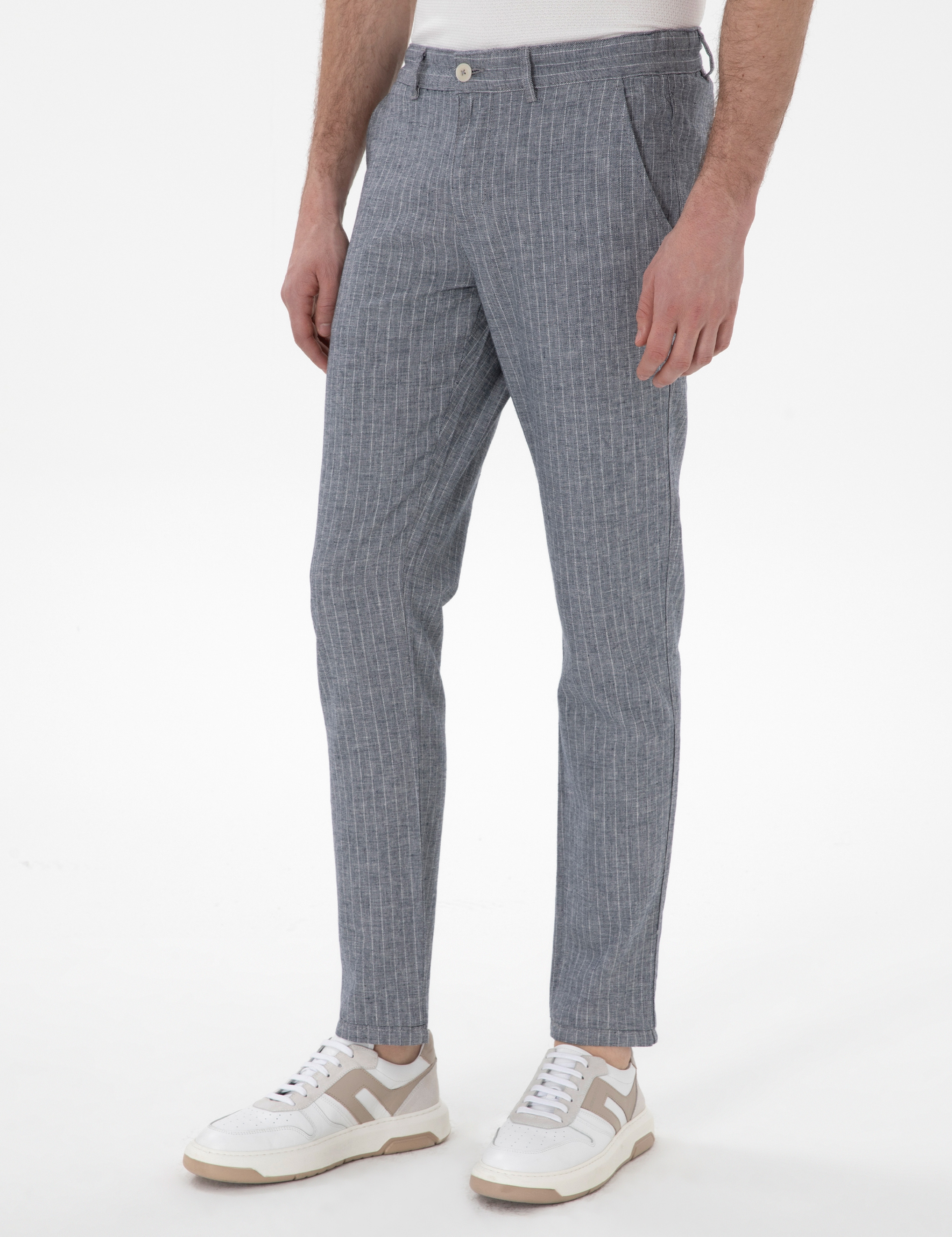 Lacivert Slim Fit Keten Karışımlı Çizgili Kanvas Pantolon - Image 2
