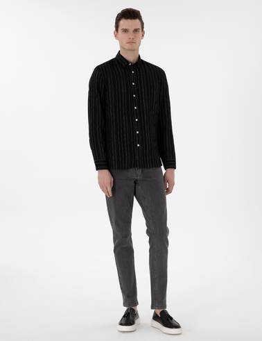 Siyah Regular Fit Çizgili Uzun Kollu Gömlek