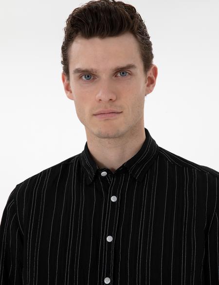 Siyah Regular Fit Çizgili Uzun Kollu Gömlek - 50301750046