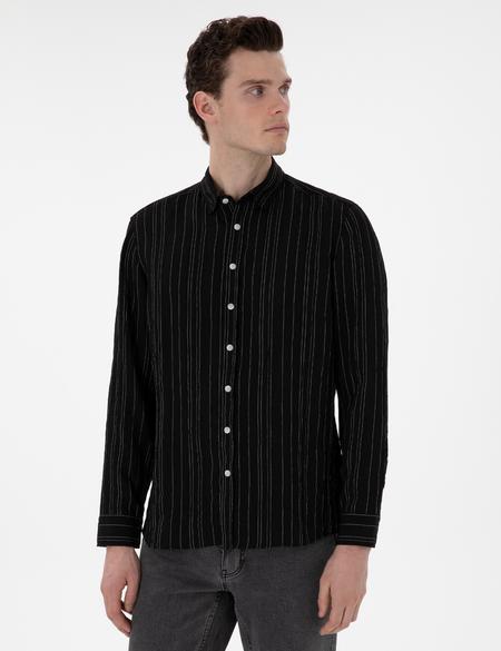 Siyah Regular Fit Çizgili Uzun Kollu Gömlek - 50301750046