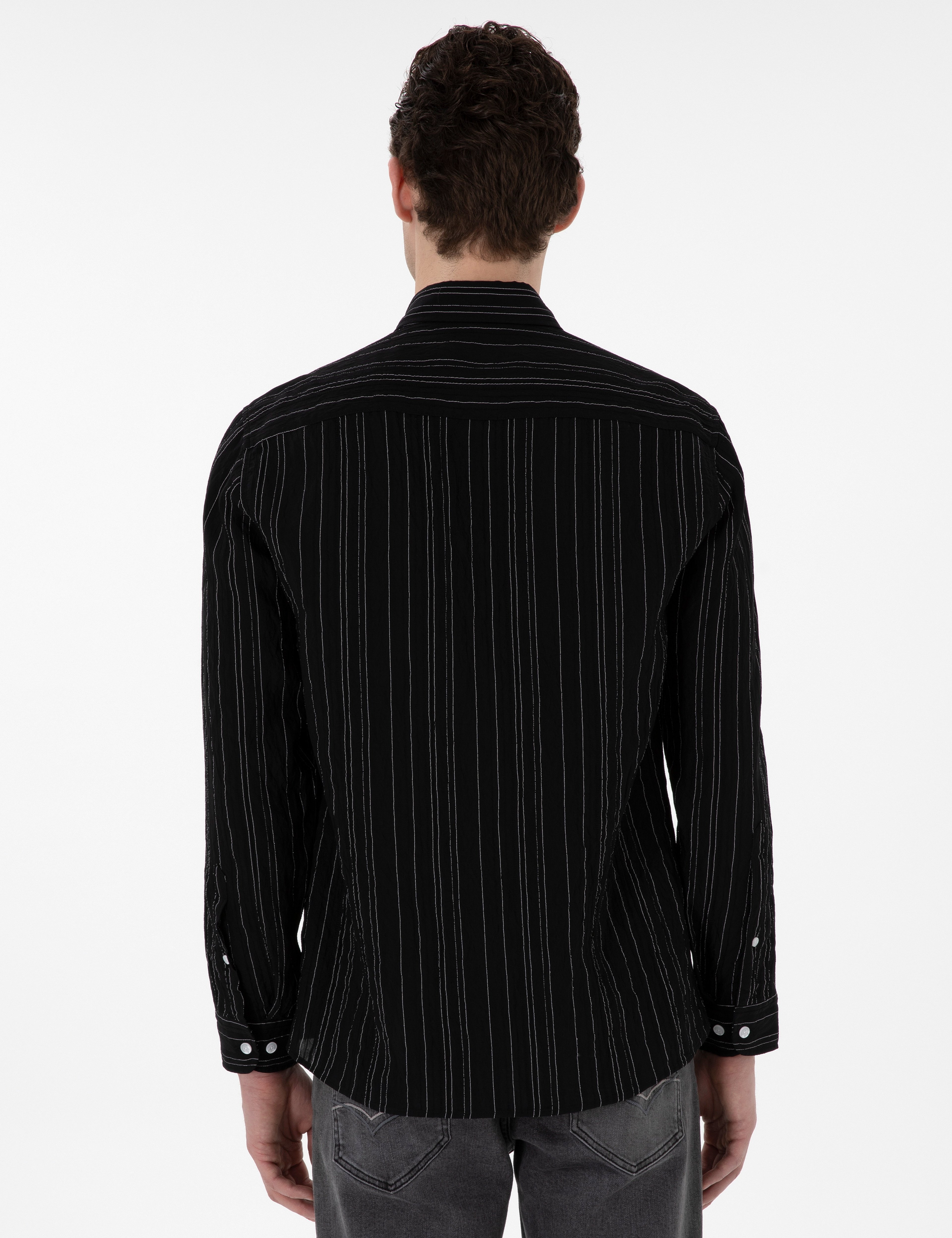 Siyah Regular Fit Çizgili Uzun Kollu Gömlek - Image 5