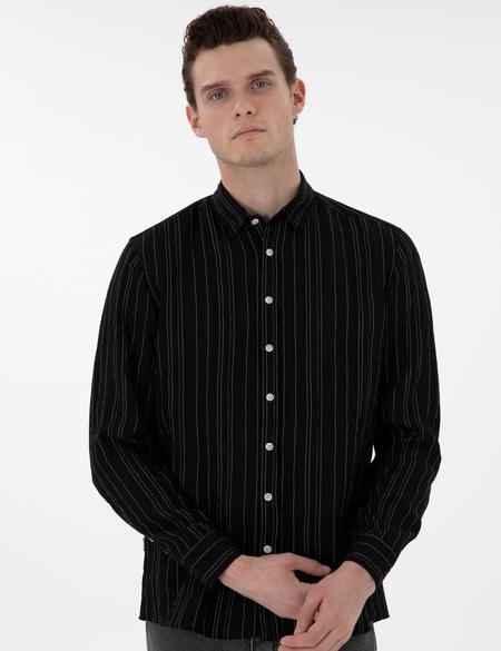 Siyah Regular Fit Çizgili Uzun Kollu Gömlek - 50301750046