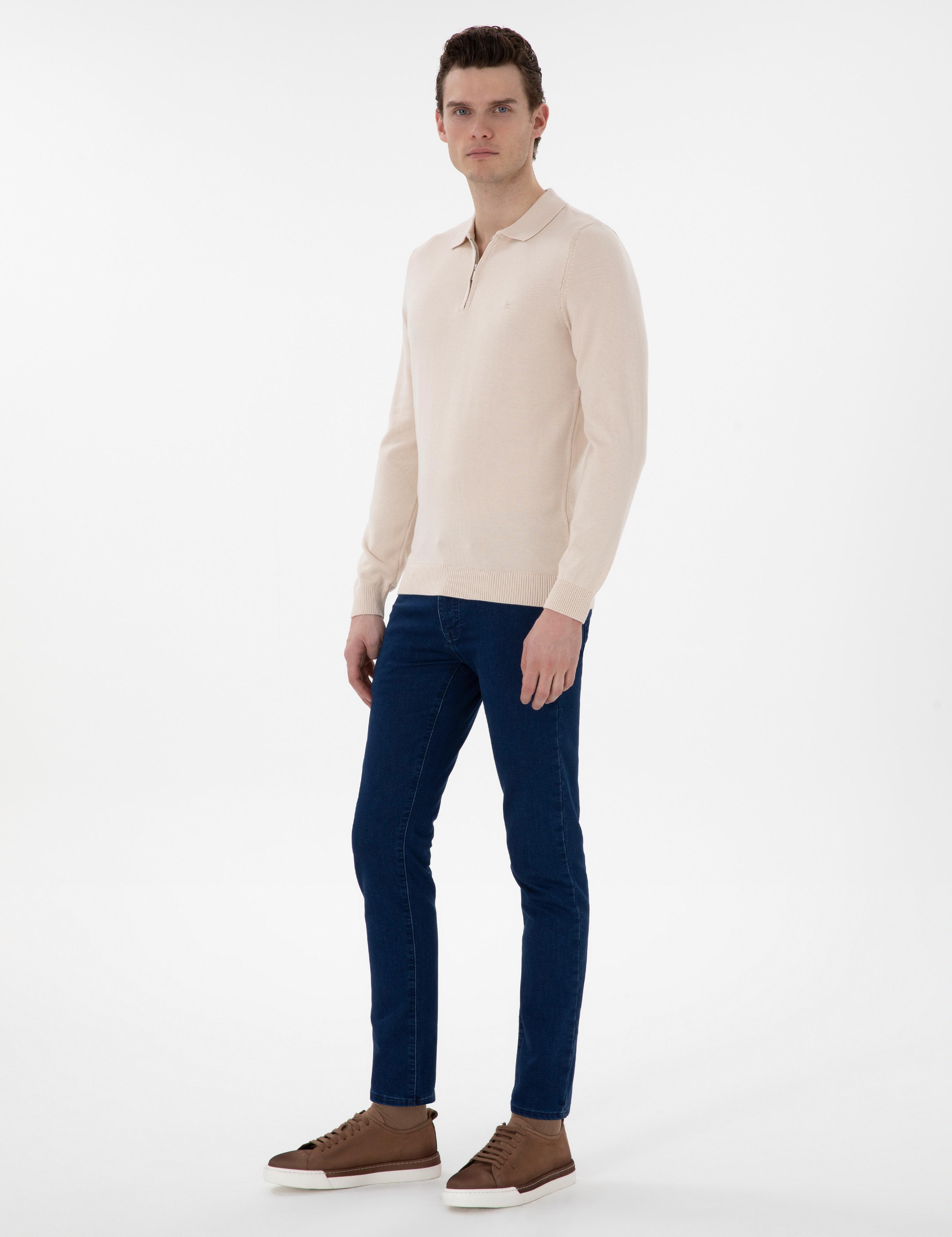 Bej Slim Fit Fermuarlı Polo Yaka Yün Karışımlı Basic Triko Kazak