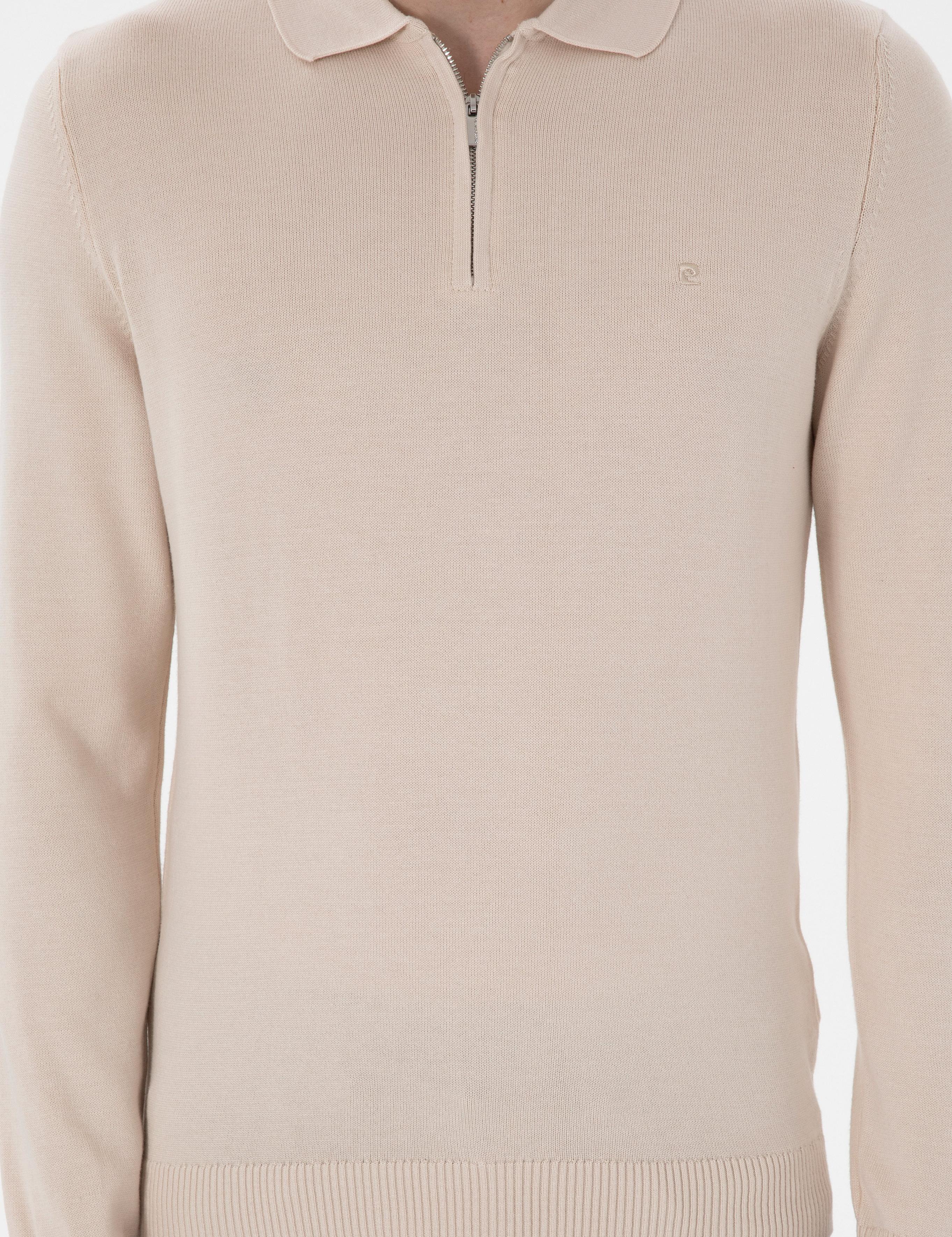 Bej Slim Fit Fermuarlı Polo Yaka Yün Karışımlı Basic Triko Kazak