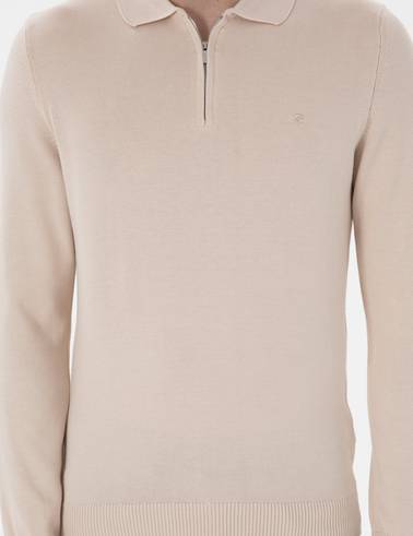 Bej Slim Fit Fermuarlı Polo Yaka Yün Karışımlı Basic Triko Kazak