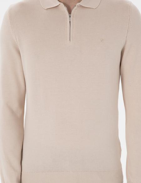 Bej Slim Fit Fermuarlı Polo Yaka Yün Karışımlı Basic Triko Kazak - 50312570021