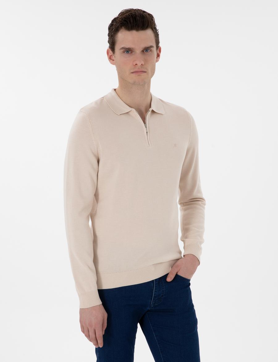Bej Slim Fit Fermuarlı Polo Yaka Yün Karışımlı Basic Triko Kazak