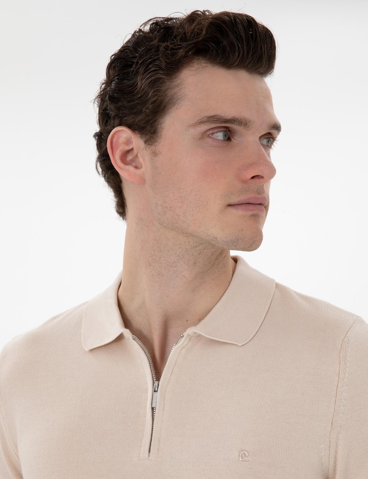 Bej Slim Fit Fermuarlı Polo Yaka Yün Karışımlı Basic Triko Kazak - 50312570021