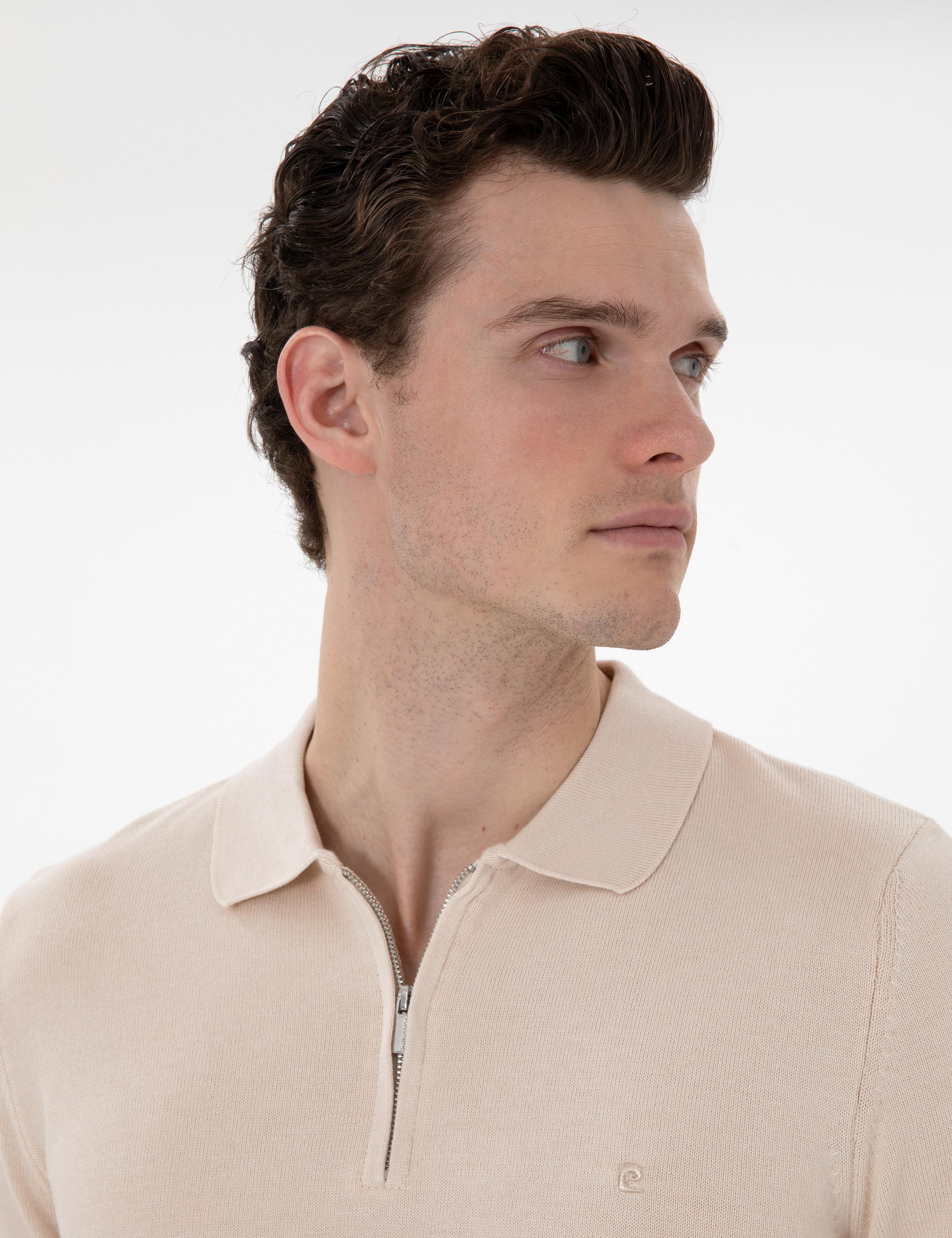 Bej Slim Fit Fermuarlı Polo Yaka Yün Karışımlı Basic Triko Kazak