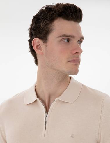 Bej Slim Fit Fermuarlı Polo Yaka Yün Karışımlı Basic Triko Kazak