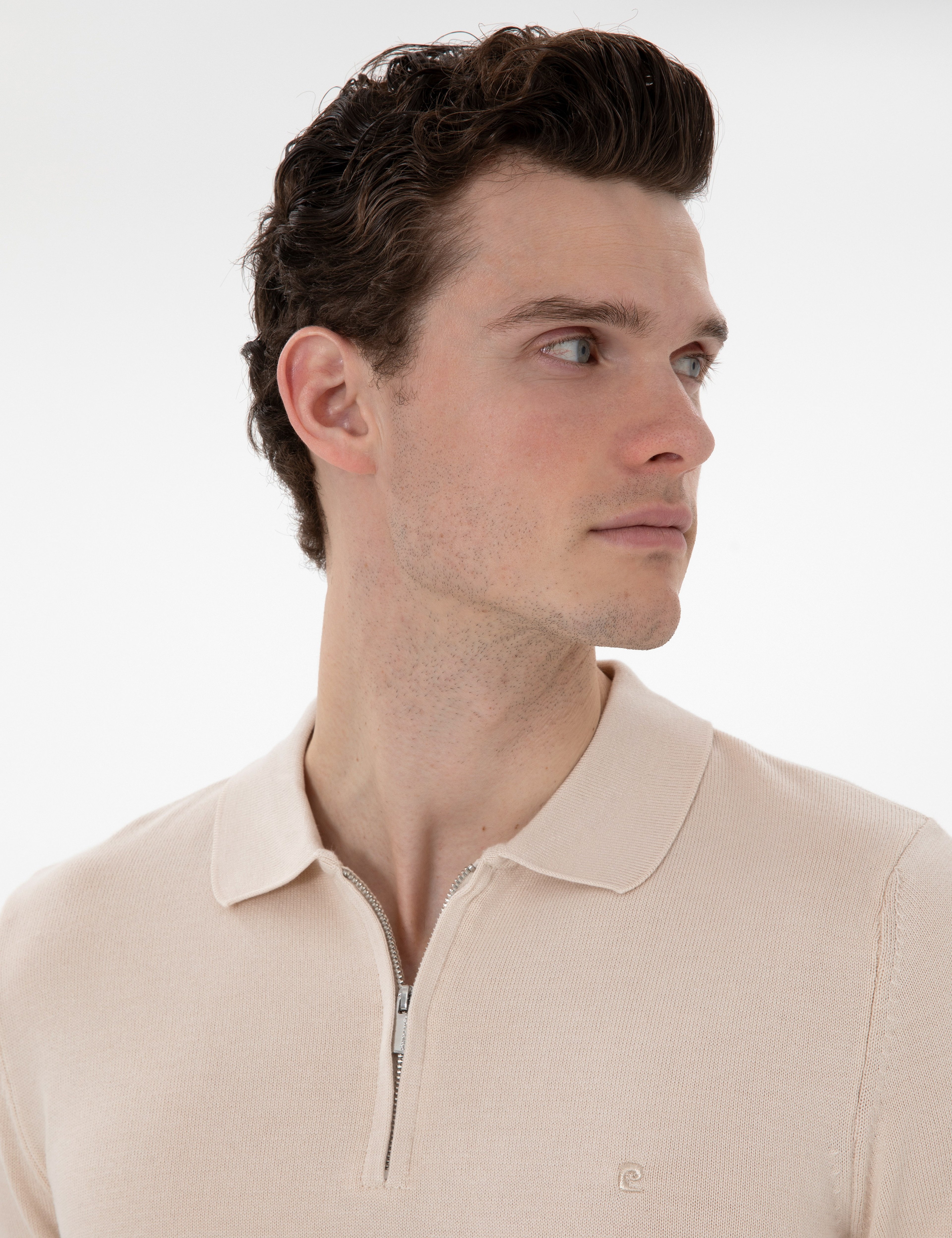 Bej Slim Fit Fermuarlı Polo Yaka Yün Karışımlı Basic Triko Kazak