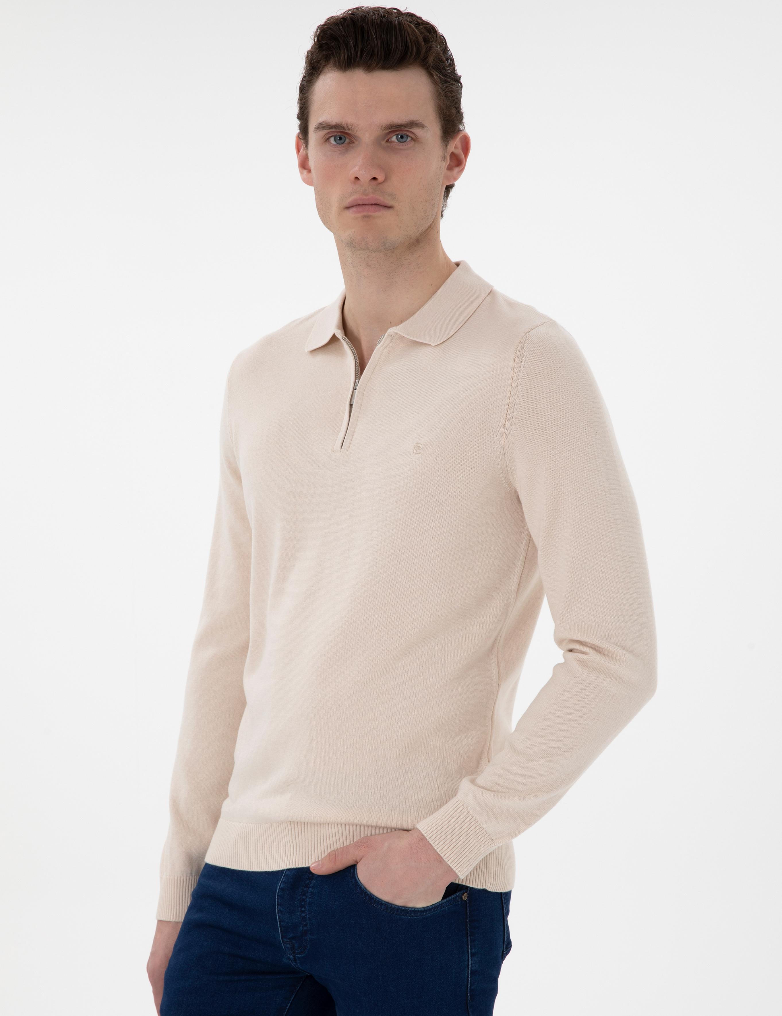 Bej Slim Fit Fermuarlı Polo Yaka Yün Karışımlı Basic Triko Kazak