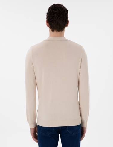 Bej Slim Fit Fermuarlı Polo Yaka Yün Karışımlı Basic Triko Kazak
