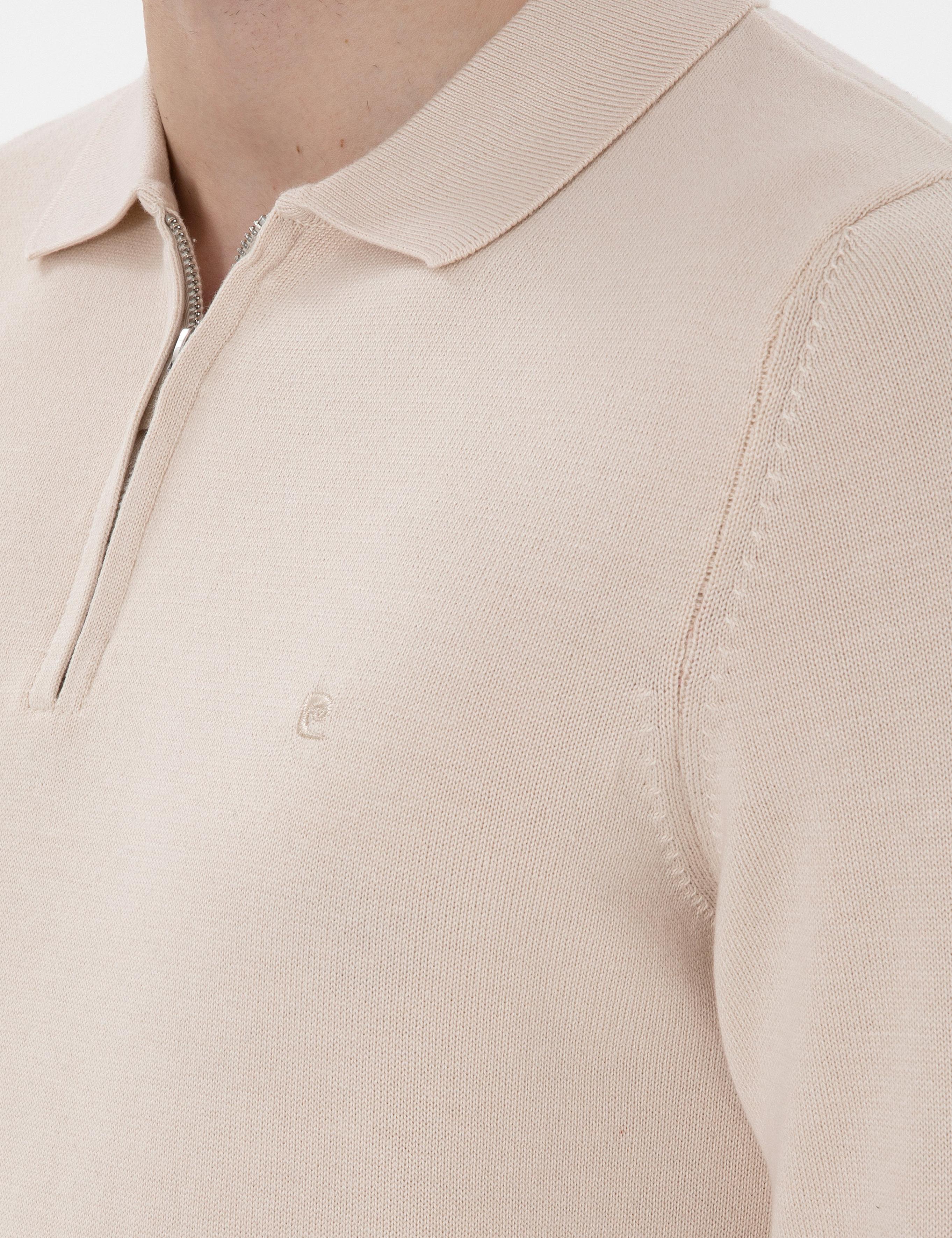 Bej Slim Fit Fermuarlı Polo Yaka Yün Karışımlı Basic Triko Kazak