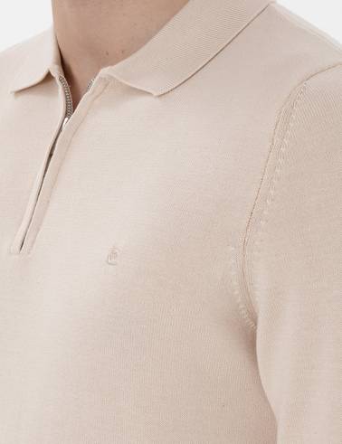 Bej Slim Fit Fermuarlı Polo Yaka Yün Karışımlı Basic Triko Kazak