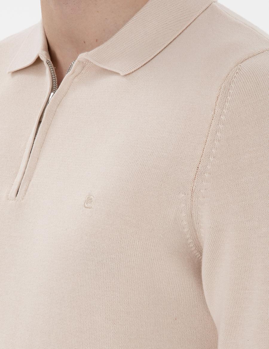 Bej Slim Fit Fermuarlı Polo Yaka Yün Karışımlı Basic Triko Kazak