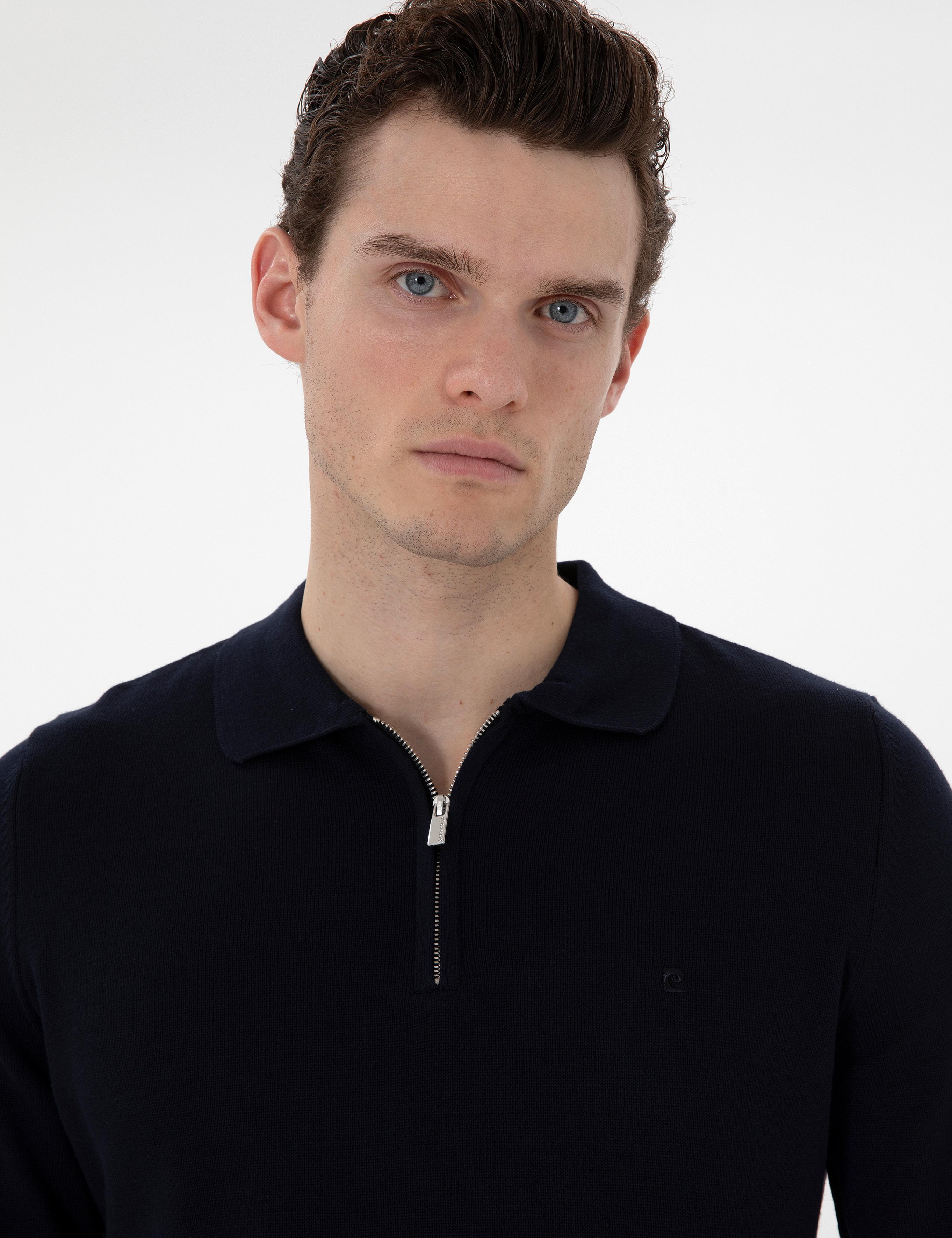 Lacivert Slim Fit Fermuarlı Polo Yaka Yün Karışımlı Basic Triko Kazak