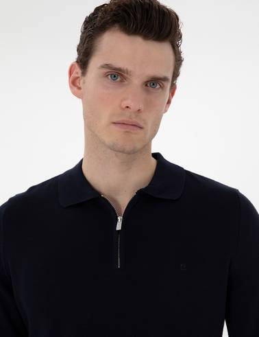Lacivert Slim Fit Fermuarlı Polo Yaka Yün Karışımlı Basic Triko Kazak