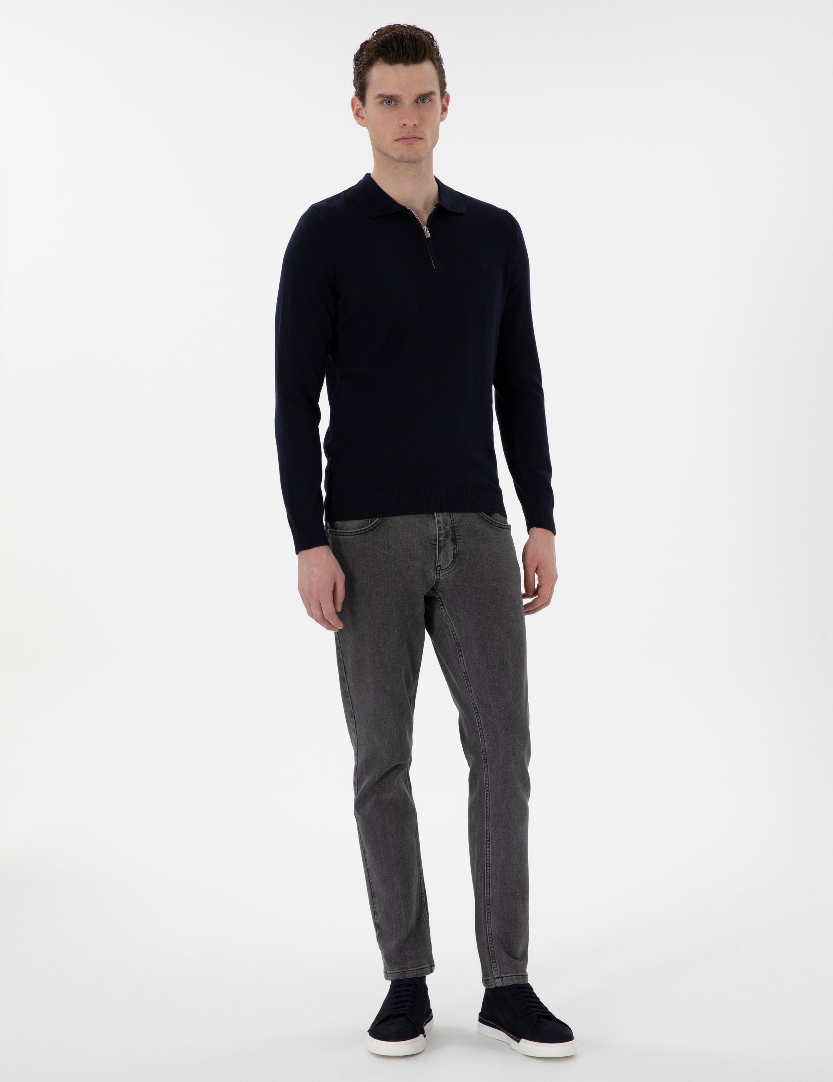 Lacivert Slim Fit Fermuarlı Polo Yaka Yün Karışımlı Basic Triko Kazak