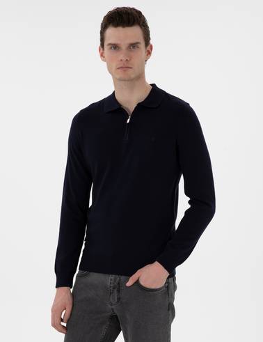 Lacivert Slim Fit Fermuarlı Polo Yaka Yün Karışımlı Basic Triko Kazak