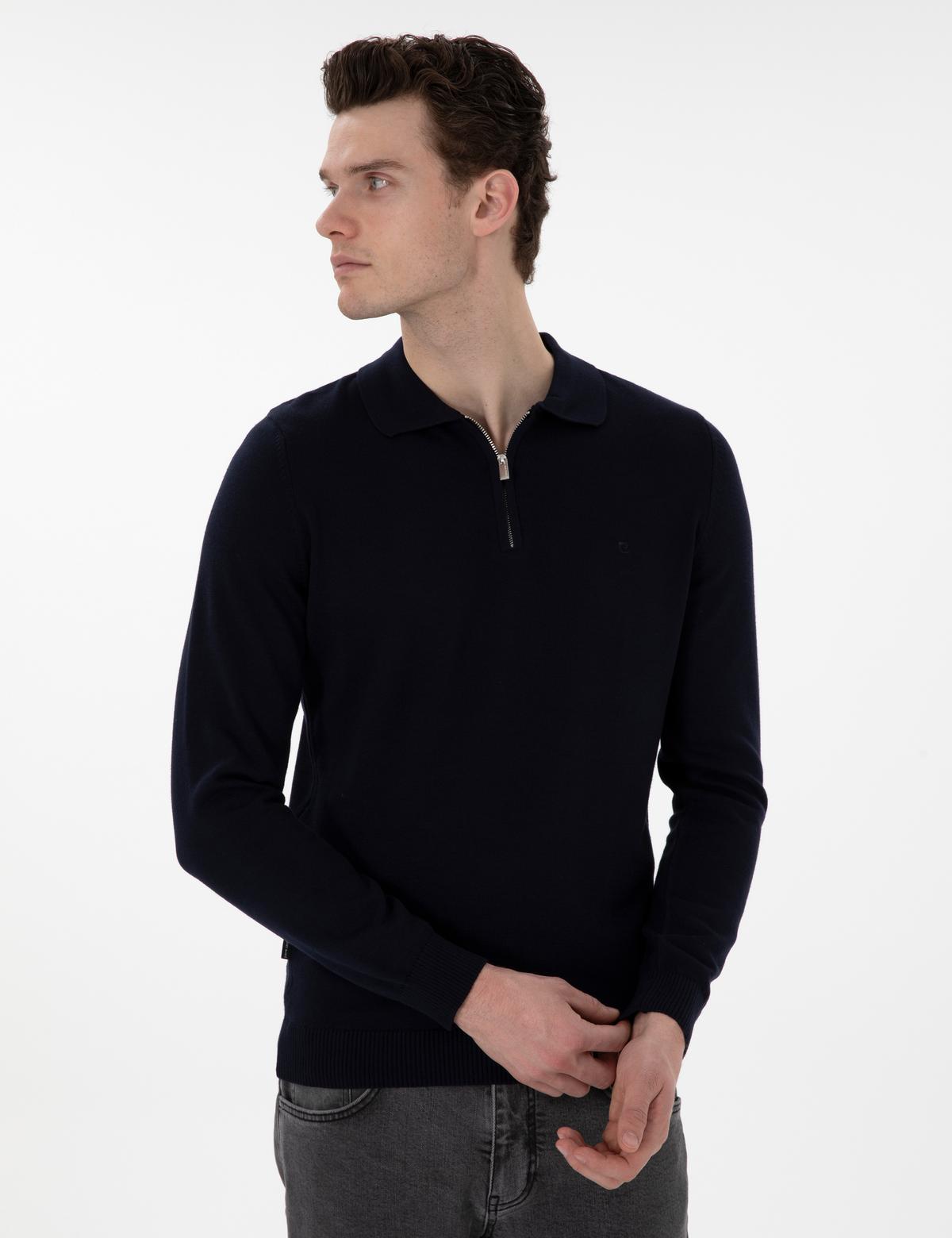 Lacivert Slim Fit Fermuarlı Polo Yaka Yün Karışımlı Basic Triko Kazak - 50312570001