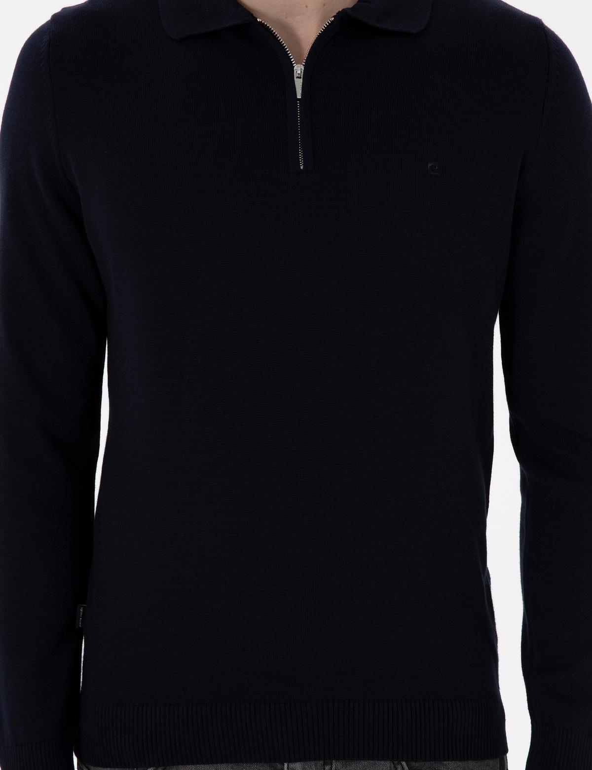 Lacivert Slim Fit Fermuarlı Polo Yaka Yün Karışımlı Basic Triko Kazak - 50312570001