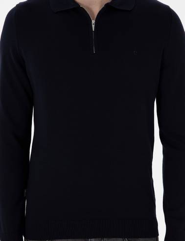 Lacivert Slim Fit Fermuarlı Polo Yaka Yün Karışımlı Basic Triko Kazak
