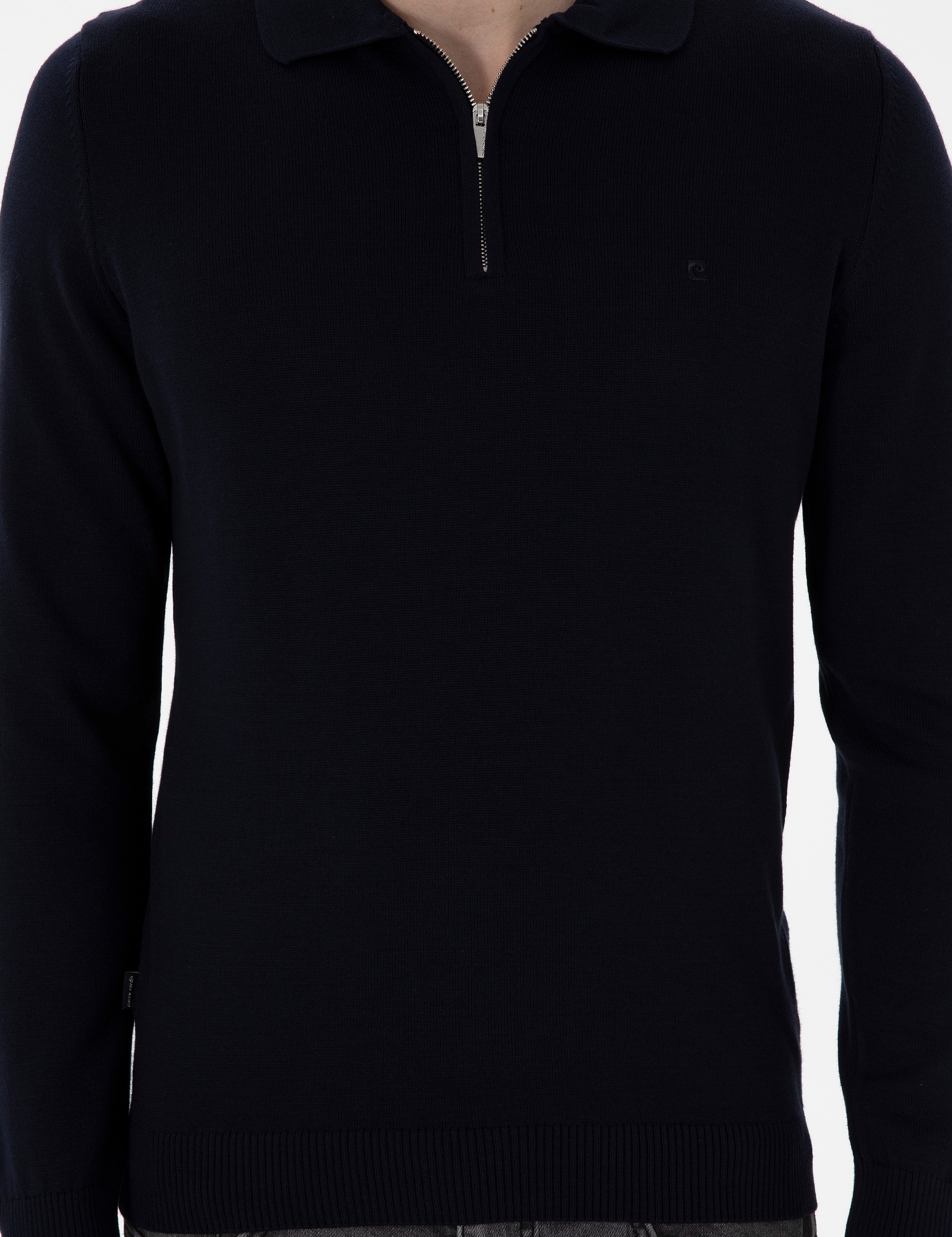 Lacivert Slim Fit Fermuarlı Polo Yaka Yün Karışımlı Basic Triko Kazak - Image 6