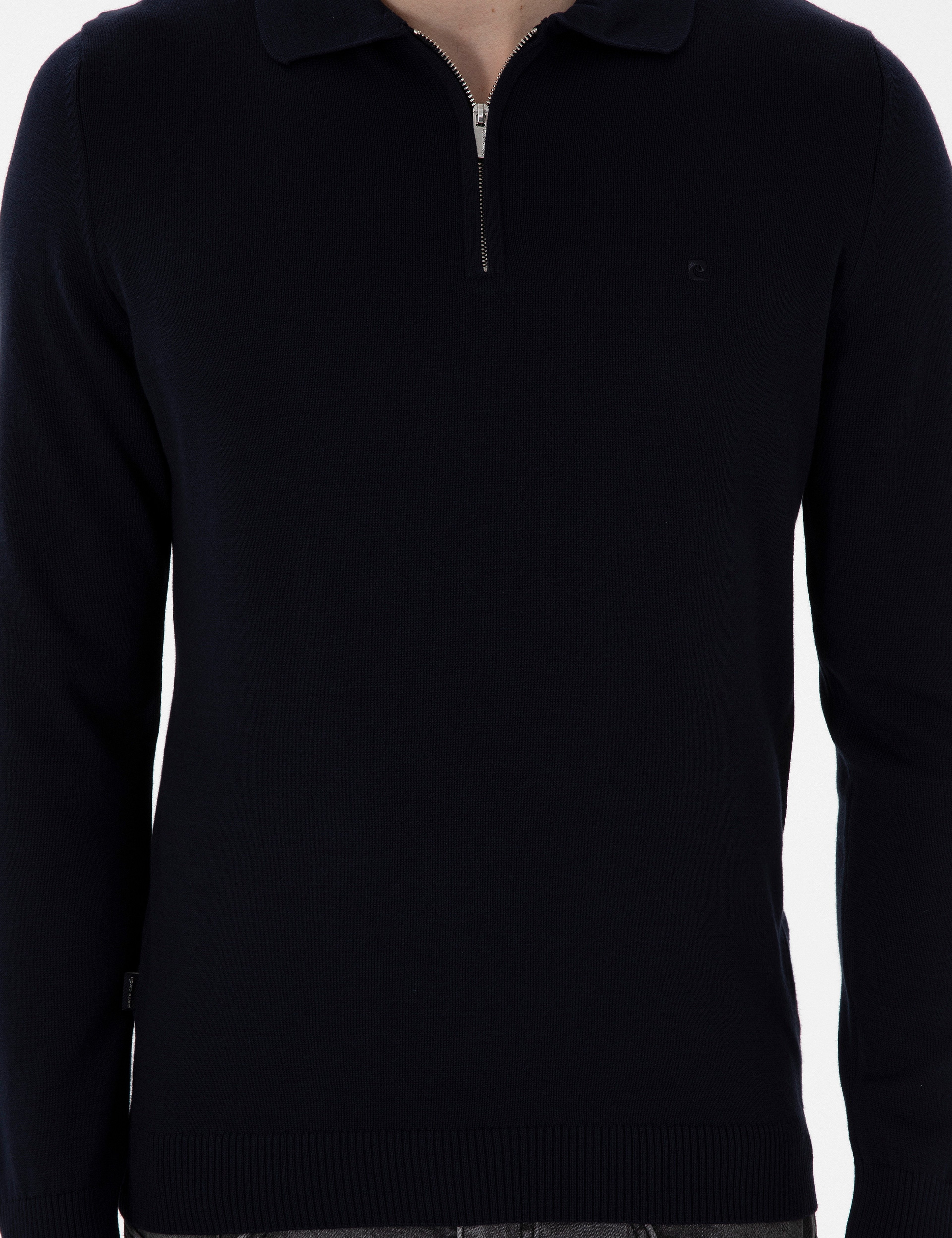 Lacivert Slim Fit Fermuarlı Polo Yaka Yün Karışımlı Basic Triko Kazak