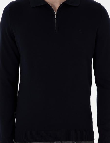 Lacivert Slim Fit Fermuarlı Polo Yaka Yün Karışımlı Basic Triko Kazak - 50312570001
