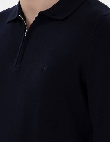 Lacivert Slim Fit Fermuarlı Polo Yaka Yün Karışımlı Basic Triko Kazak