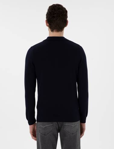 Lacivert Slim Fit Fermuarlı Polo Yaka Yün Karışımlı Basic Triko Kazak
