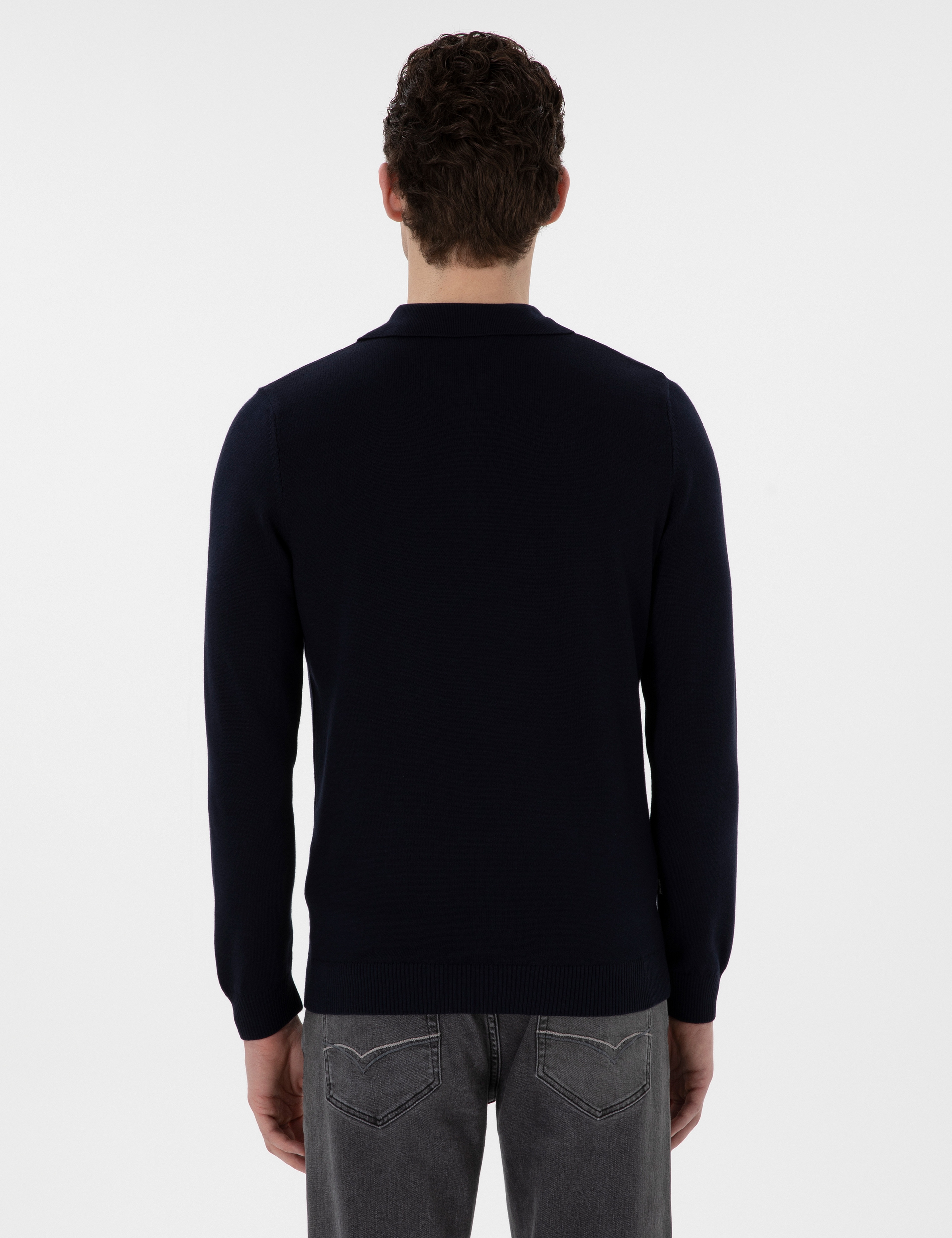 Lacivert Slim Fit Fermuarlı Polo Yaka Yün Karışımlı Basic Triko Kazak - Image 5